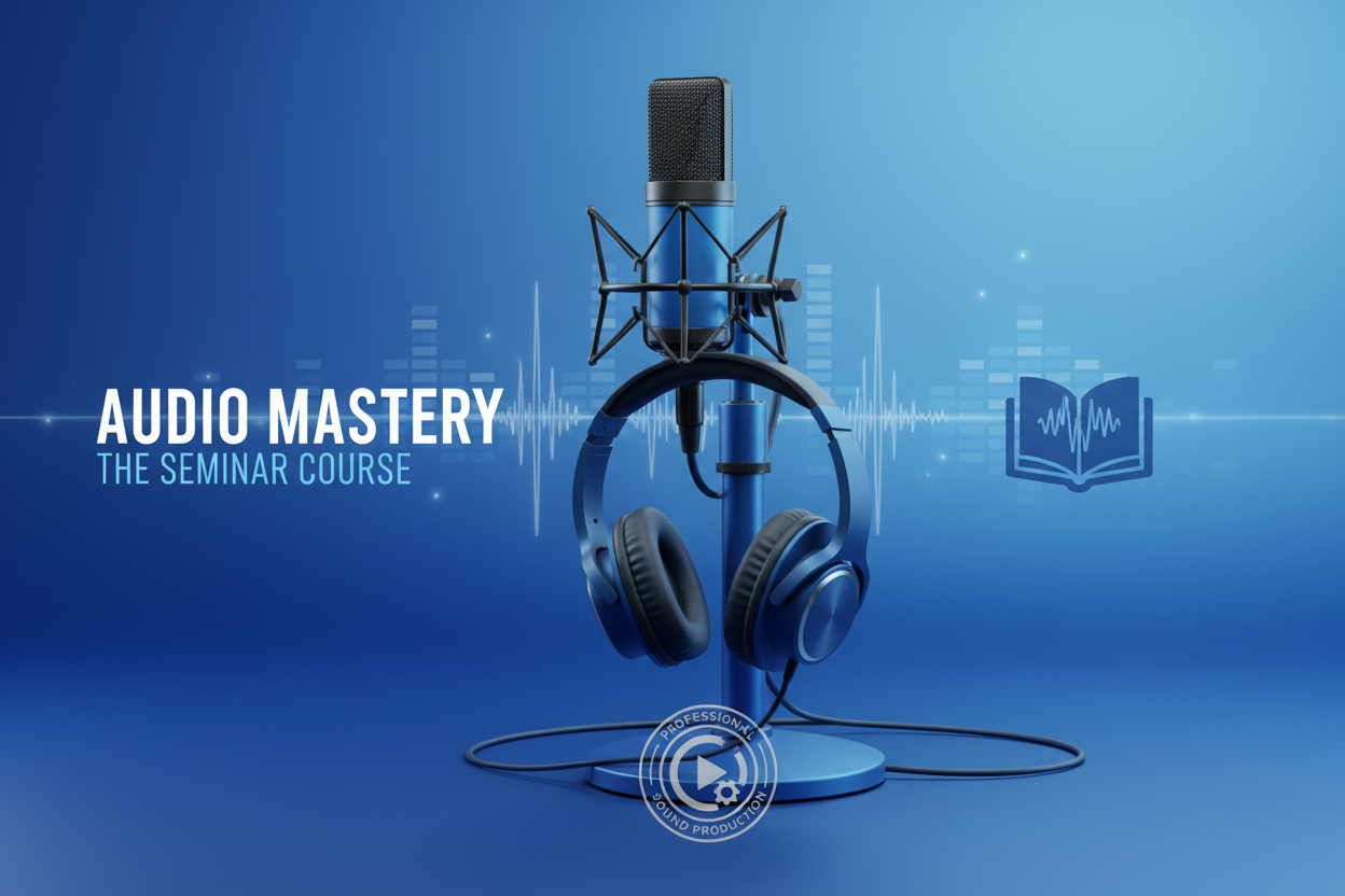 create a blue image for audio seminar course showing a microphone and headphones