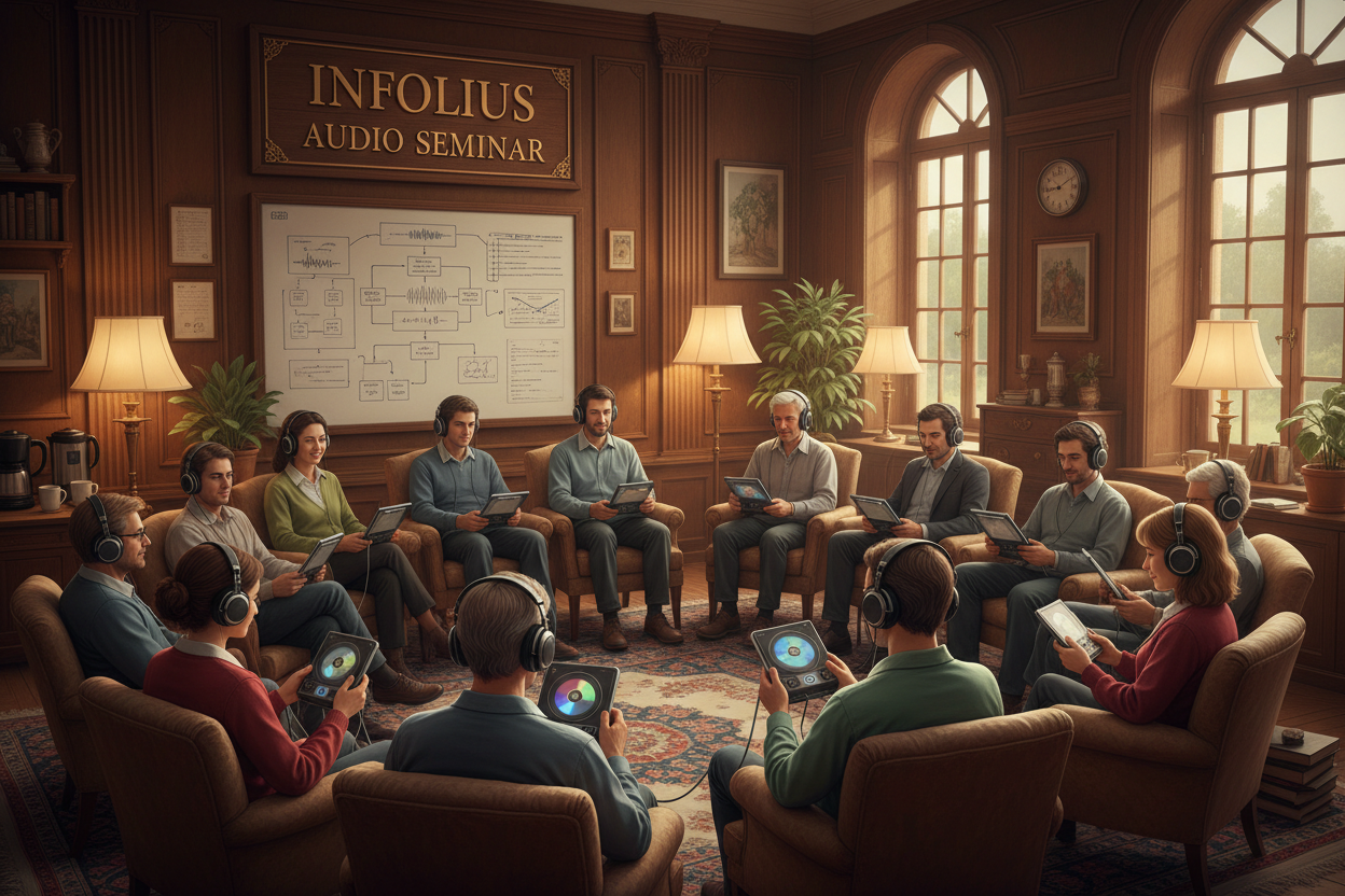 design a warm classroom where people are sitting and have headphones on connected to a portable cd player. create a sign that says INFOLIUS AUDIO SEMINAR